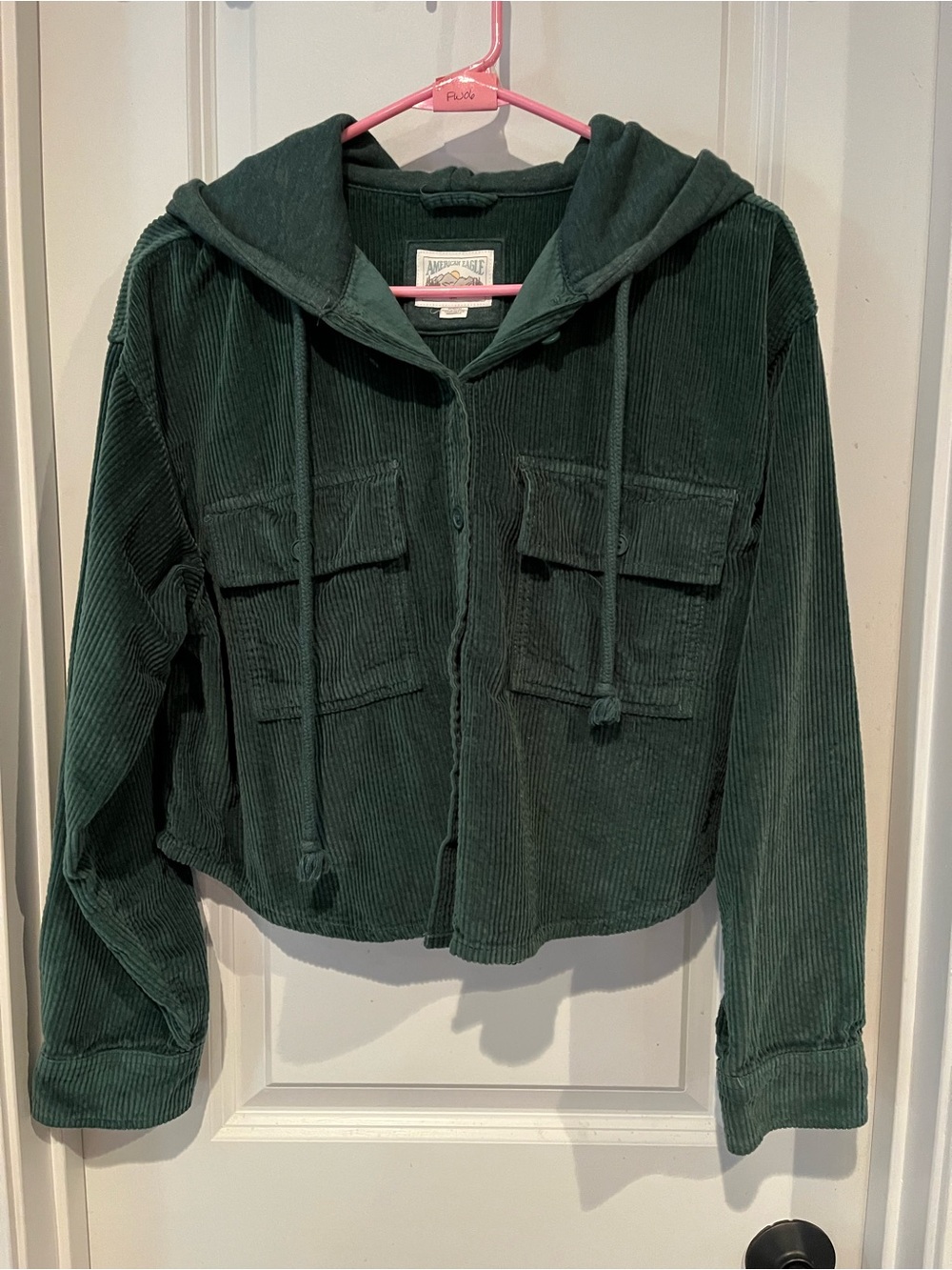 American Eagle Outfitters Forest Green Corduroy Hooded Crop Jacket Medium